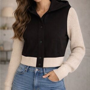 Women's Black and Cream Hooded Jacket